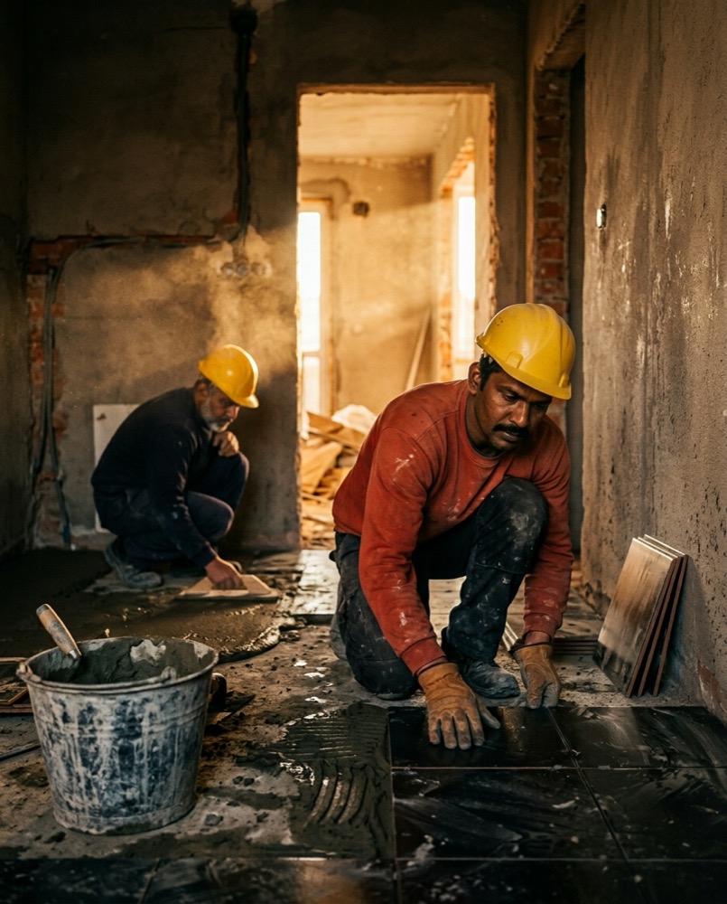 Two tilers laying floor tiles by daylight in a gutted apartment