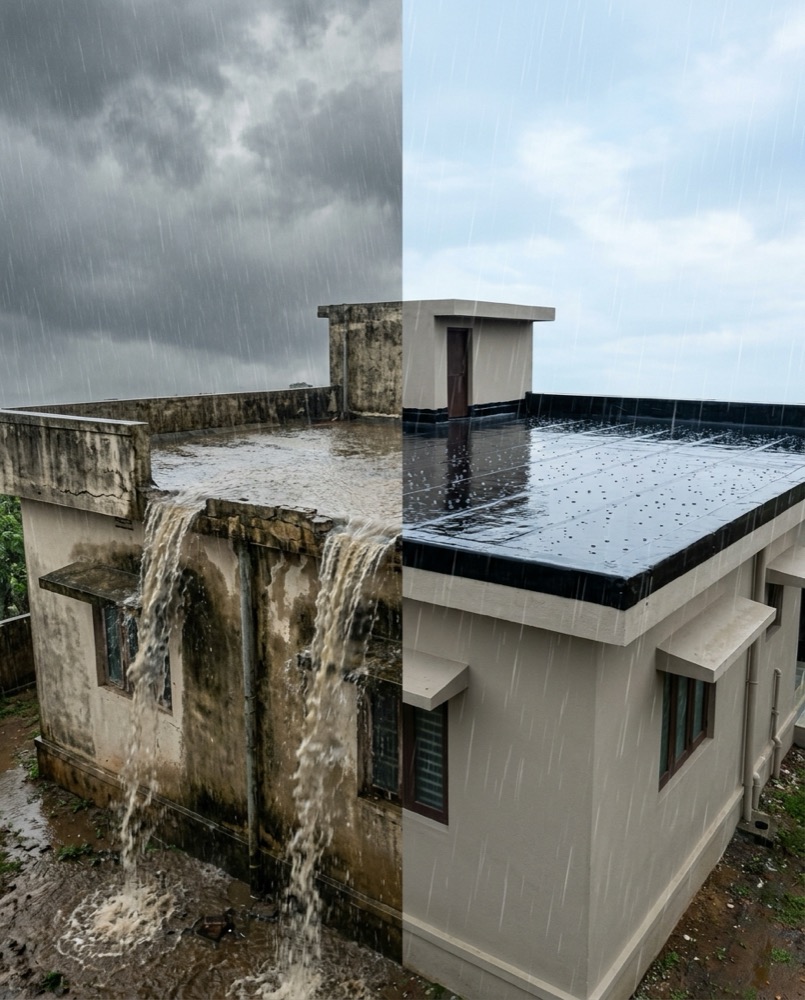 Before and after monsoon roofs: a leaking untreated slab beside a freshly sealed membrane roof